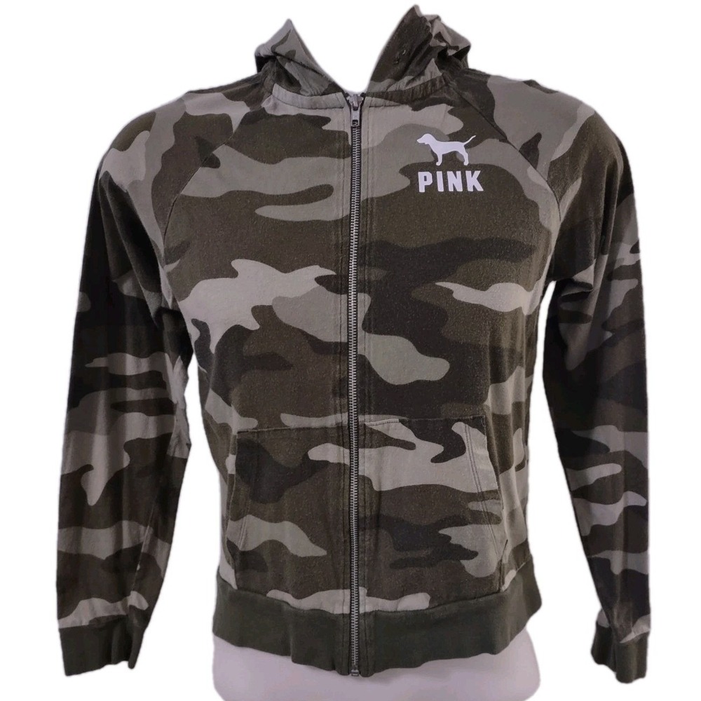 Pink Victoria's Secret Sweatshirt Women's M‎ Full Zip Long Sleeve Camouflage Dog